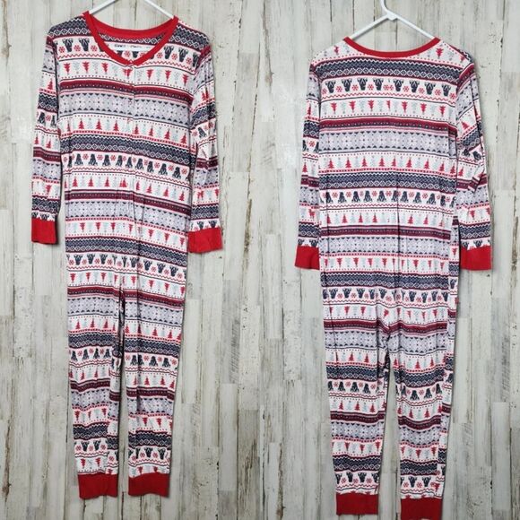 Cuddl Duds Jammie Fair Isle Holiday Union Suit Pajamas White Red Size Small - Picture 1 of 9